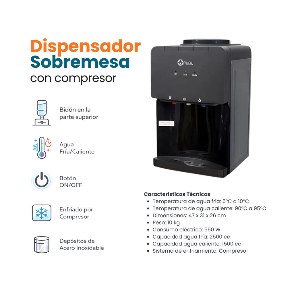 Dispensador de Agua Sobremesa con Compresor – Negro Mate